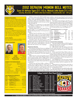 2012 DEPAUW MONON BELL NOTES Game 10: Depauw Tigers (2-7, 1-5) Vs