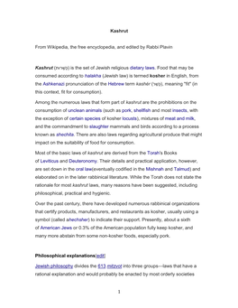 1 Kashrut from Wikipedia, the Free Encyclopedia, and Edited by Rabbi