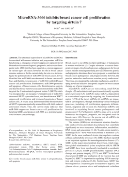 Microrna‑3666 Inhibits Breast Cancer Cell Proliferation by Targeting Sirtuin 7