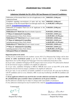 UG Admission Schedule 2021-2022