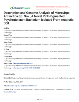 Description and Genome Analysis of Microvirga Antarctica Sp. Nov., a Novel Pink-Pigmented Psychrotolerant Bacterium Isolated from Antarctic Soil
