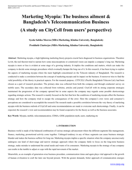 Marketing Myopia: the Business Ailment & Bangladesh’S Telecommunication Business (A Study on Citycell from Users’ Perspective)