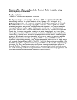 Structure of the Lithosphere Beneath the Colorado Rocky Mountains Using Multiple Geophysical Datasets