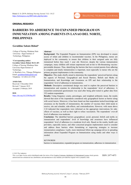 Barriers to Adherence to Expanded Program on Immunization Among Parents in Lanao Del Norte, Philippines