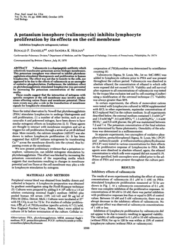 A Potassium Ionophore (Valinomycin) Inhibits Lymphocyte Proliferation by Its Effects on the Cell Membrane (Inhibition Lymphocyte Mitogenesis/Cations) RONALD P