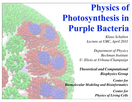 Physics of Photosynthesis in Purple Bacteria Klaus Schulten Lecture at UBC, April 2011