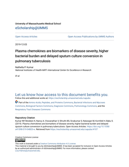 Plasma Chemokines Are Biomarkers of Disease Severity, Higher Bacterial Burden and Delayed Sputum Culture Conversion in Pulmonary Tuberculosis