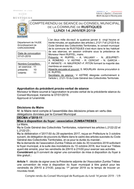 COMPTE-RENDU De SEANCE Du CONSEIL MUNICIPAL De La COMMUNE De RUSTIQUES