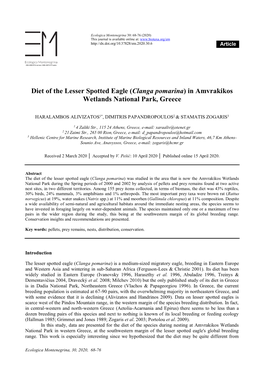 Diet of the Lesser Spotted Eagle (Clanga Pomarina) in Amvrakikos Wetlands National Park, Greece