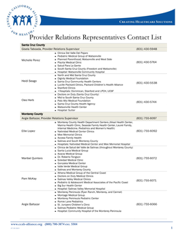 Provider Relations Representatives Contact List