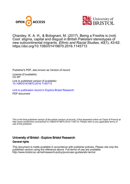 (Not) Cool: Stigma, Capital and Disgust in British Pakistani Stereotypes of New Subcontinental Migrants