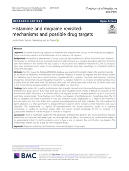 Histamine and Migraine Revisited: Mechanisms and Possible Drug Targets Jacob Worm, Katrine Falkenberg and Jes Olesen*