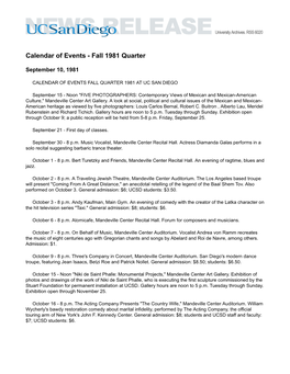 Calendar of Events - Fall 1981 Quarter