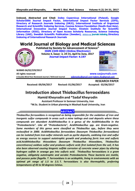 Introduction About Thiobacillus Ferrooxidans Hamid Kheyrodin and *Sadaf Kheyrodin Assistant Professor in Semnan University, Iran *M.Sc