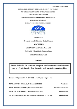 Etude De L'effet Du Venin De Scorpion Androctonus Australis Hector Sur La Régulation Des Fonctions Des Polynucléaires Neut