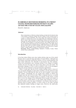 IS SIBERIAN REINDEER HERDING in CRISIS? LIVING with REINDEER FIFTEEN YEARS AFTER the END of STATE SOCIALISM David G