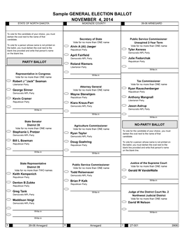 Sample GENERAL ELECTION BALLOT NOVEMBER 4, 2014 STATE of NORTH DAKOTA MCKENZIE COUNTY 39-06 ARNEGARD