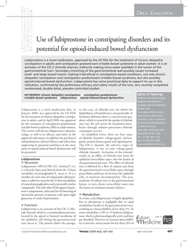 Use of Lubiprostone in Constipating Disorders and Its Potential for Opioid-Induced Bowel Dysfunction