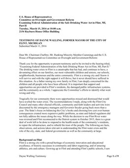 DAYNE WALLING, FORMER MAYOR of the CITY of FLINT, MICHIGAN Submitted March 11, 2016