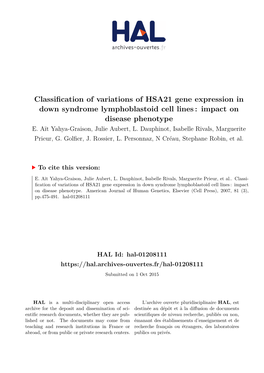 Classification of Variations of HSA21 Gene Expression in Down Syndrome Lymphoblastoid Cell Lines : Impact on Disease Phenotype E