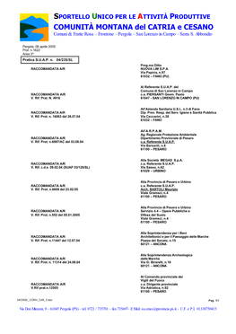 COMUNITÀ MONTANA Del CATRIA E CESANO Comuni Di: Fratte Rosa – Frontone – Pergola – San Lorenzo in Campo – Serra S