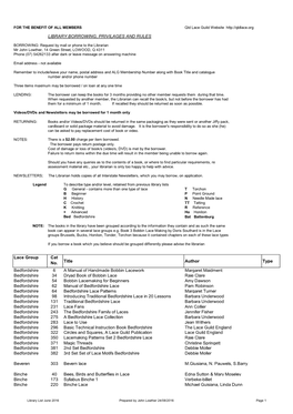 LIBRARY BORROWING, PRIVILAGES and RULES Lace Group Cat No