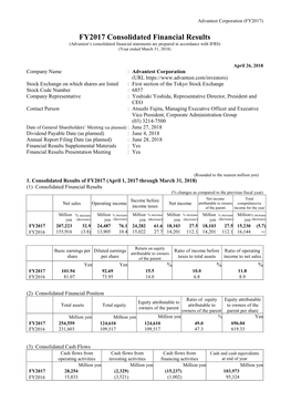 FY2017 Consolidated Financial Results (Advantest’S Consolidated Financial Statements Are Prepared in Accordance with IFRS) (Year Ended March 31, 2018)