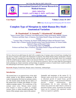 Complete Type of Metopism in Adult Human Dry Skull – Anatomical Variation