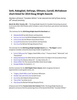 Seth, Rabagliati, Deforge, Ollmann, Carroll, Mcfadzean Short-Listed for 2014 Doug Wright Awards