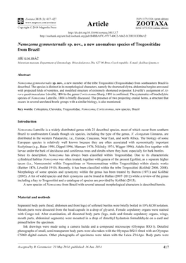 Nemozoma Gymnosternalis Sp. Nov., a New Anomalous Species of Trogossitidae from Brazil