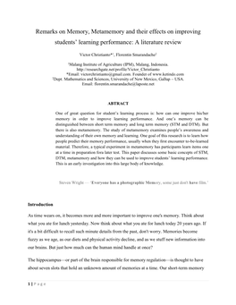 Remarks on Memory, Metamemory and Their Effects on Improving Students’ Learning Performance: a Literature Review