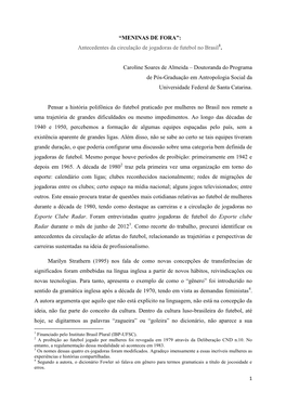 “MENINAS DE FORA”: Antecedentes Da Circulação De Jogadoras De Futebol No Brasil1