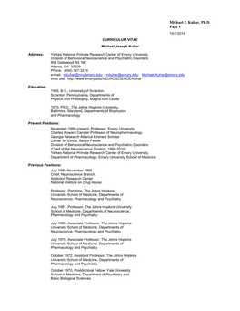 Michael J. Kuhar, Ph.D Page 1 10/1/2014 CURRICULUM VITAE Michael Joseph Kuhar