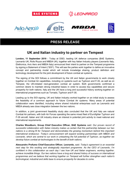 PRESS RELEASE UK and Italian Industry to Partner on Tempest