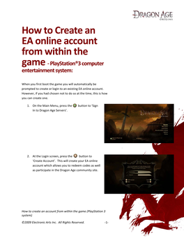 How to Create an EA Online Account from Within the Game ‐ Playstation®3 Computer Entertainment System