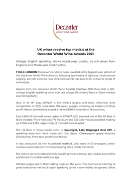 UK Wines Receive Top Medals at the Decanter World Wine Awards 2021