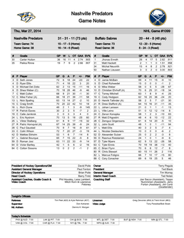 Nashville Predators Game Notes