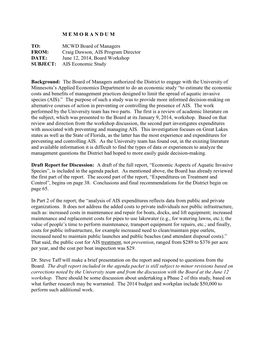 Craig Dawson, AIS Program Director DATE: June 12, 2014, Board Workshop SUBJECT: AIS Economic Study