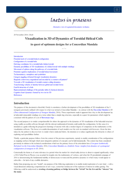 Visualization in 3D of Dynamics of Toroidal Helical Coils in Quest of Optimum Designs for a Concordian Mandala -- /