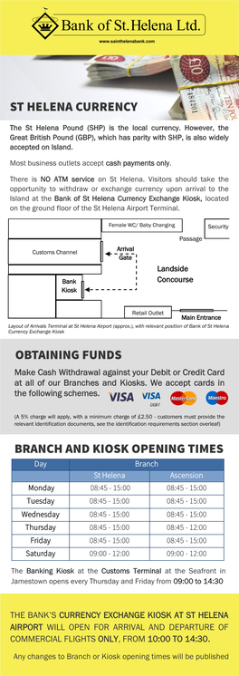 St Helena Currency Obtaining Funds Branch and Kiosk Opening Times