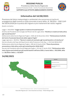 14/08/2021 Previsione Dei Fattori Meteorologici E Ambientali Che Concorrono Al Rischio Di Propagazione Degli Incendi Su Scala Comunale Ai Sensi Della L.R