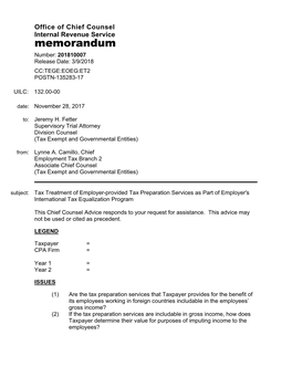 Memorandum Number: 201810007 Release Date: 3/9/2018 CC:TEGE:EOEG:ET2 POSTN-135283-17