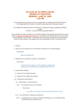 Village of Olympia Fields Board of Trustees Monday, June 29, 2020 7:00 Pm