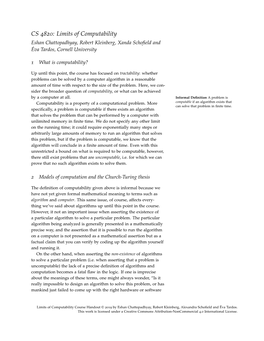 CS 4820: Limits of Computability Eshan Chattopadhyay, Robert Kleinberg, Xanda Schoﬁeld and Éva Tardos, Cornell University