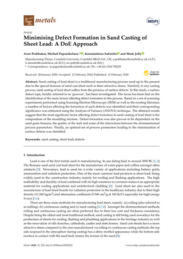 Minimising Defect Formation in Sand Casting of Sheet Lead: a Doe Approach