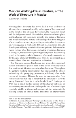 Mexican Working-Class Literature, Or the Work of Literature in Mexico Eugenio Di Stefano