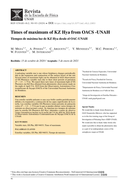 Times of Maximum of KZ Hya from OACS -UNAH Tiempos De Máxima Luz De KZ Hya Desde El OAC-UNAH