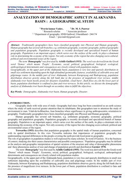 Analyzation of Demographic Aspect in Alaknanda Basin : a Geographical Study