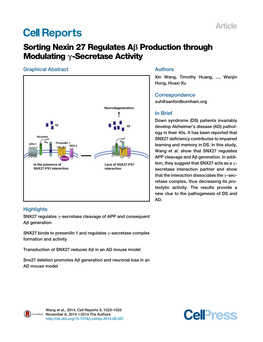 Sorting Nexin 27 Regulates AΒ Production Through Modulating