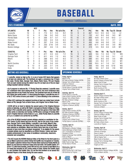 2021 STANDINGS April 9, 2021 NOTING ACC BASEBALL UPCOMING SCHEDULE